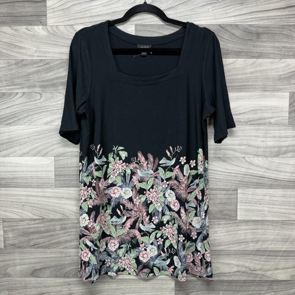 J. Jill Tunic Top Women's Medium Black‎ Floral Short Sleeve Square Neck Pullover